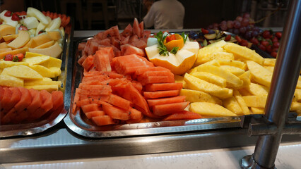 Dining Room Buffet aboard the abstract luxury cruise ship. Healthy breakfast at modern liner concept