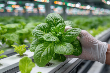 A farmer's gloved hand carefully inspects vibrant green lettuce plants in a greenhouse.