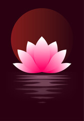 A minimalist illustration of a lotus hovering over water against a moon. A symbol of harmony, tranquility, and inner balance. Soft gradients and flowing shapes create an atmosphere of peace and balanc