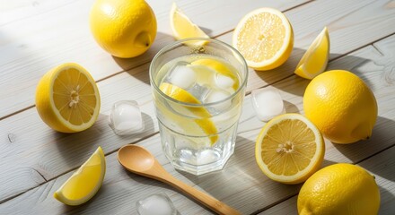 Fresh Homemade Lemonade Refreshment With Sliced Lemons and Wooden Spoon