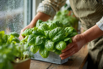 Fresh green spinach grows in a box in a home kitchen. An elderly woman's hands near a pot of spinach.