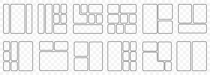 Bento grid vector square layouts. Geometric tiles pattern for photo collage, website layout, etc. Trendy tiling frames arrangements and presentation templates for social media in Stroke. EPS 10.