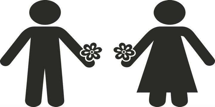 Charming stick figures: Man and woman holding flowers, perfect for wedding invitations, greeting cards, or romantic designs, originally created as scalable vector