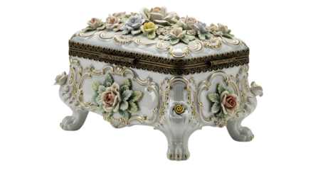 Ornate white porcelain jewelry box with raised floral decorations and gold accents roses