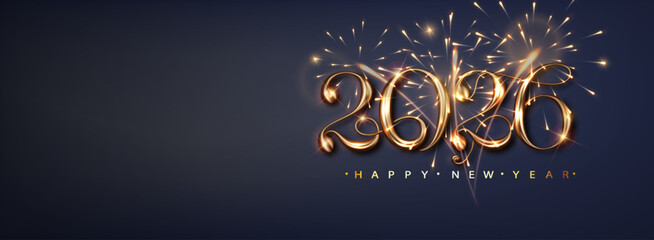 2026 Happy new year banner with flickering fireworks. Luxury background with golden metallic numbers date 2026. Vector holyday illustration.