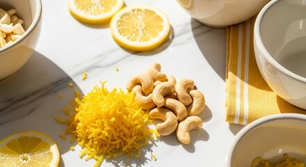 Fresh Ingredients: Zesty Lemon Slices, Cashews, Zest with White Bowls on a Marble Surface