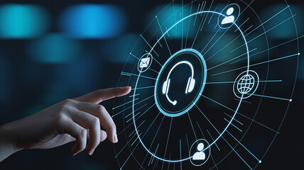 Hand interacts with a futuristic interface displaying customer service icons representing global communication and support enhanced by a modern digital design on a dark background