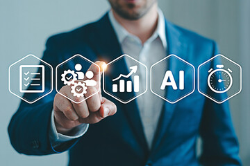 Businessman interacting with digital icons representing ai productivity and business processes showcasing technology and automation for efficiency and growth in a modern setting