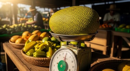 Fresh Jackfruit Weighing On Vintage Scale At A Farmers' Market Displaying Fruits