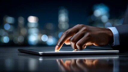 Hand tapping on tablet screen at night in an urban setting - Powered by Adobe