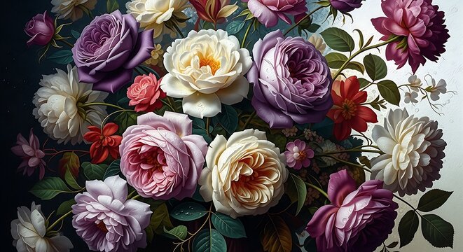 A lush bouquet of roses in various shades of purple, pink, white, and red, creating a romantic and elegant floral arrangement