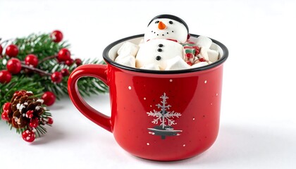 Festive red mug filled with marshmallows and a snowman treat, with pine and berries