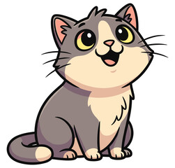 Cartoon cat illustration, cute gray and cream character with big yellow eyes, pink nose, and happy sitting pose on white background