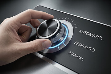 Hand adjusting a control knob with settings for automatic semiauto and manual modes highlighting precision engineering and user control in a modern interface design with blue accents