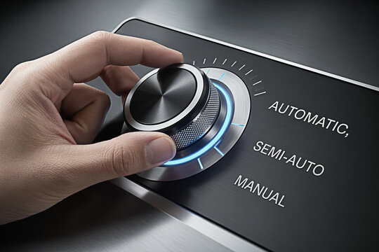Hand adjusting a control knob with settings for automatic semiauto and manual modes highlighting precision engineering and user control in a modern interface design with blue accents