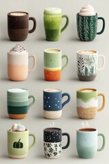 Collection of unique handcrafted ceramic mugs with artistic and colorful designs