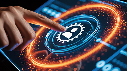 Finger interacts with a digital interface on a tablet activating a user settings icon with glowing neon lights and modern technology elements for user experience design