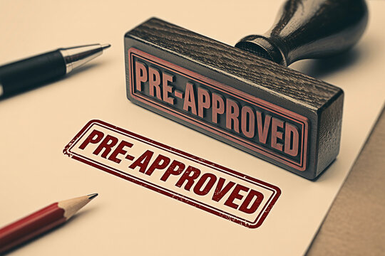 Close up of a preapproved stamp on paper with a pen and pencil suggesting financial approval loan qualification or mortgage acceptance for banking and real estate applications
