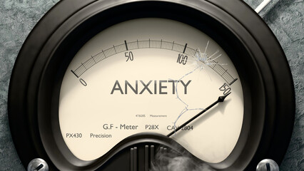 Anxiety meter showing high levels of anxiety. Dangerously increasing values of anxiety, critical overload. Too much, off the charts. Max anxiety ,3d illustration