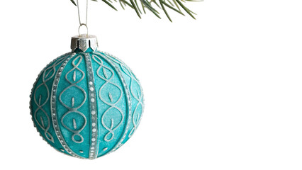 Elegant turquoise Christmas ornament hanging against a light background cut out on PNG. AI GENERATED.