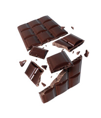 Broken dark chocolate bar with flying pieces on transparent background