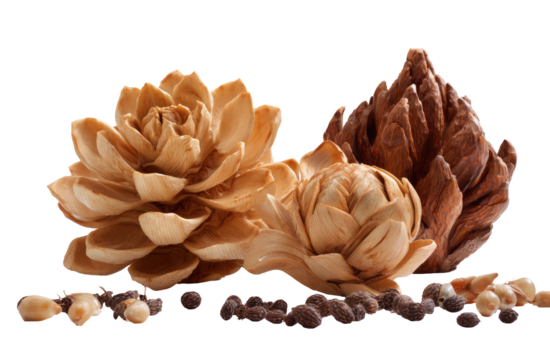 Carved wooden flowers and seed-like objects