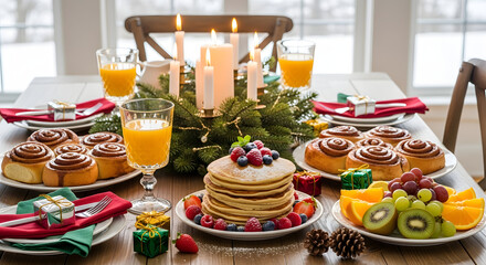 Naklejka premium Festive Christmas Breakfast Table with Pancakes Cinnamon Rolls Fresh Fruit Orange Juice and Candles Holiday Brunch Spread