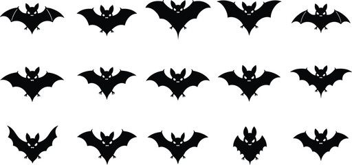 Black bat silhouettes vector illustration, Halloween flying bats clipart, spooky animal shapes, gothic design elements, horror night decoration, isolated icons collection