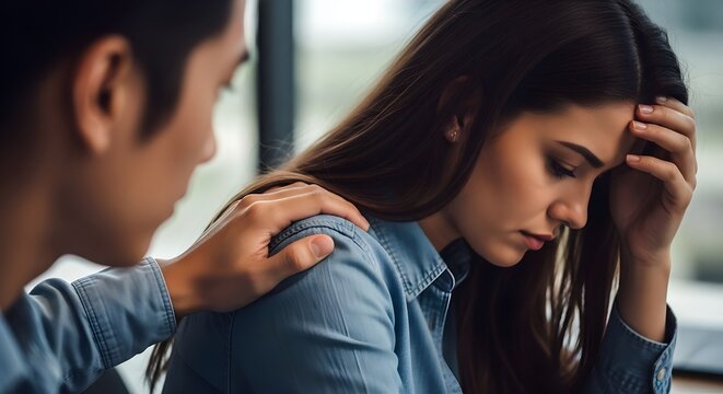 Empathetic colleague offering support to a stressed coworker in the office.
