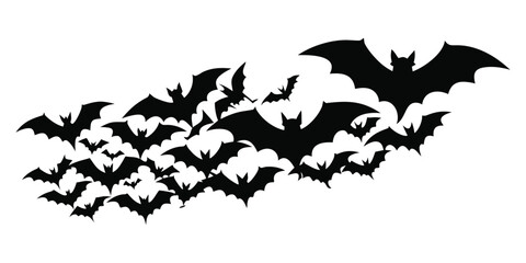 A swarm of silhouetted bats flying together against a white background for halloween
