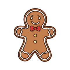 Obraz premium Cute gingerbread man cookie with red bow tie and icing decoration, kawaii Christmas sweet clipart for festive winter cards and bakery-themed designs. 