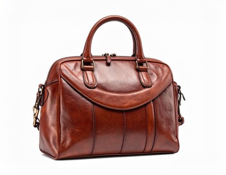 Elegant Brown Leather Satchel Handbag with Gold Clasp and Shoulder Strap - Powered by Adobe