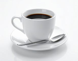 Obraz premium White Coffee Cup and Saucer with Spoon Isolated on Reflective White Background