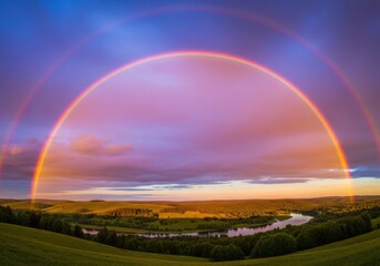 Rainbow over landscape during sunset with dramatic sky
