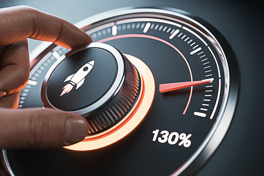 Hand turning a dial with a rocket icon indicating a boost to 130 percent symbolizing growth acceleration and performance improvement in business technology or personal development
