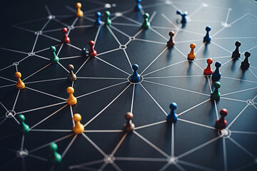 Network connection concept with colorful game pieces on a dark background representing strategy teamwork and interconnectedness in business and social media networks for growth and success