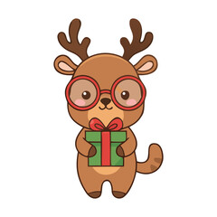Cute reindeer wearing red glasses holding a wrapped gift box in festive Christmas style kawaii clipart for holiday cards and decorations.

