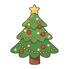 Cute decorated Christmas tree with yellow star, colorful ornaments, and garland in kawaii festive style clipart for winter holiday greeting cards.
