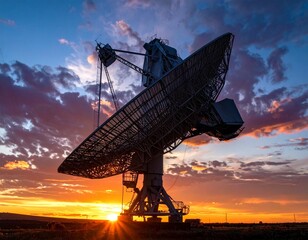 Large Radio Telescope Dish Silhouette Against a Dramatic Sunset and Starburst Sky