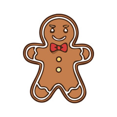 Cute gingerbread man cookie with red bow tie and icing decoration, kawaii Christmas sweet clipart for festive winter cards and bakery-themed designs.

