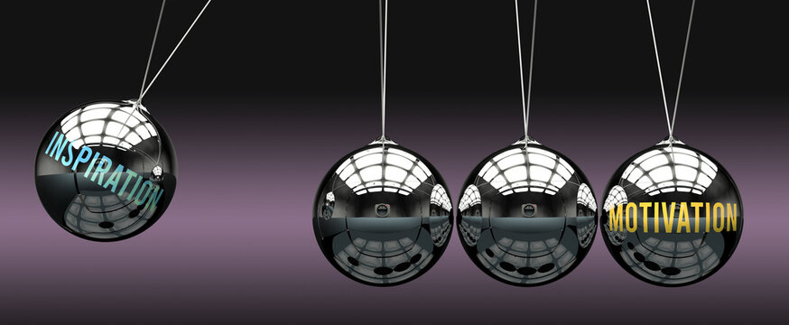 Inspiration leads to Motivation. A metaphor in which inspiration initiates motion of motivation and gives it energy. Cause and effect relation between inspiration and motivation. ,3d illustration - Powered by Adobe