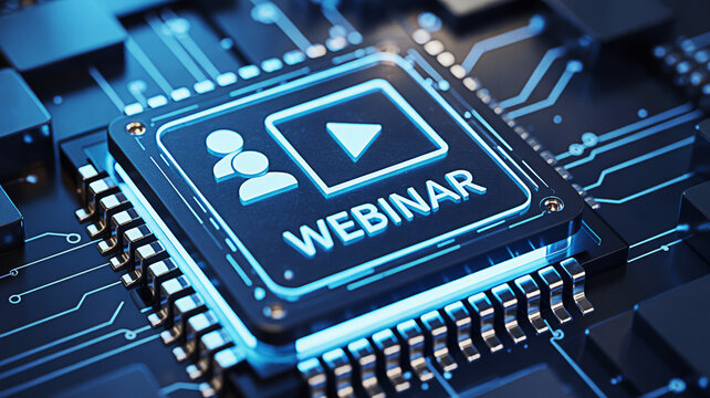 Webinar concept on a microchip with glowing blue light showcasing online learning and digital technology for business presentations and educational content emphasizing innovation and connectivity - Powered by Adobe
