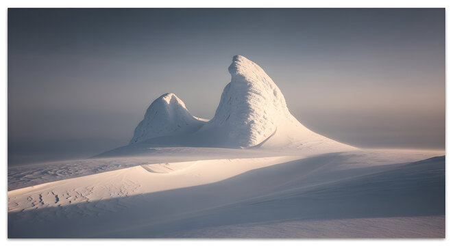 Abstract snow-covered rock formations in a desolate landscape