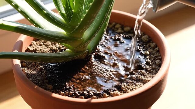Water is poured onto the soil of a potted aloe, quickly being absorbed.