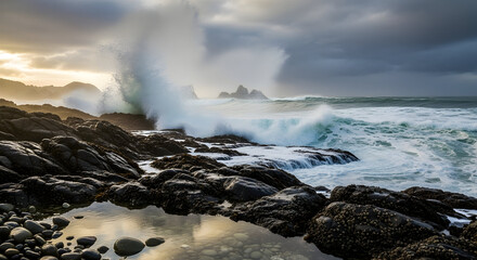 Crashing waves on a rocky coastline at sunset ocean
