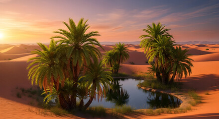 serene desert oasis with palm trees and pond