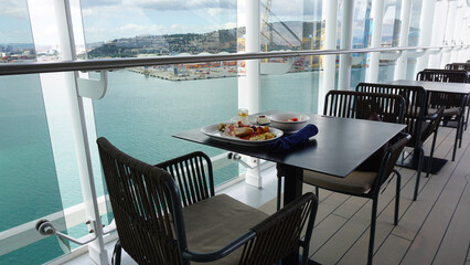 Dining Room Buffet aboard the abstract luxury cruise ship. Healthy breakfast at modern liner concept