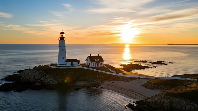 Dramatic coastal lighthouse at sunset with dynamic sky and ocean waves