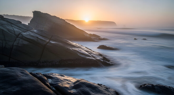 Dramatic rock formations on a misty coastline at sunrise