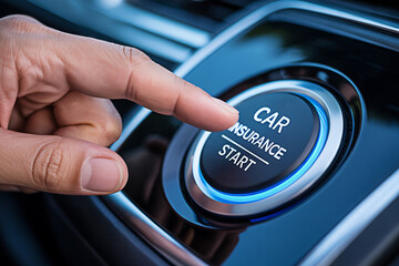 Finger presses a car insurance start button in a modern vehicle highlighting automotive technology and the importance of vehicle coverage for drivers and passengers on the road to safety